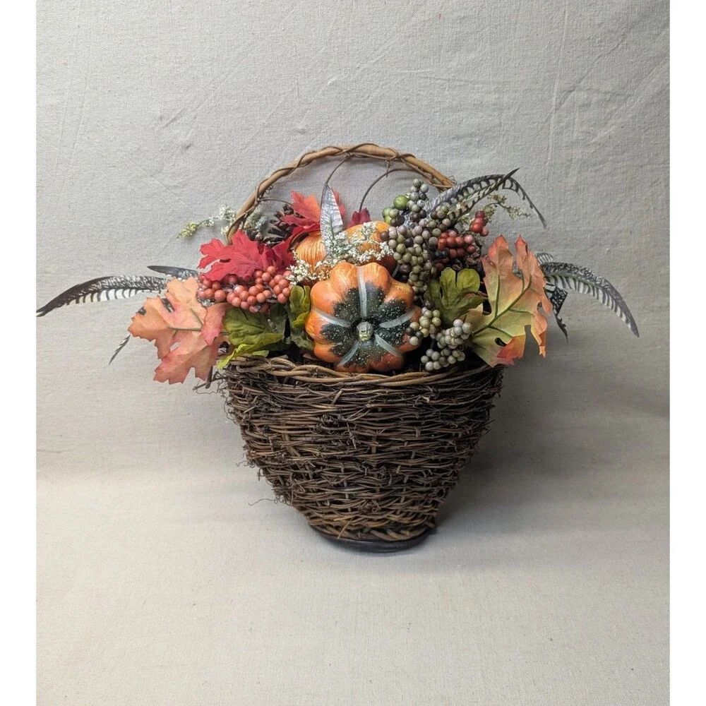 Nearly Natural Faux Pumpkin & Berry Hanging Basket 14